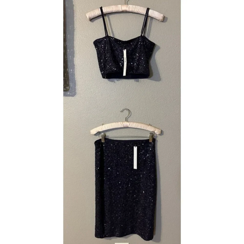 Susana Monaco 2 PC Set S Small Thunder Blue Sequin Crop Top & Skirt NWT $256